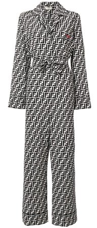 Tradesy Fendi Black Ff Logo Print White Silk Belted Pajama Romper/Jumpsuit