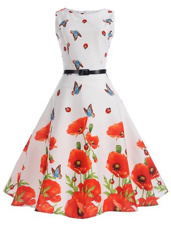 Retro Floral Print Belted Pin Up Dress in White XL | Sammydress.com