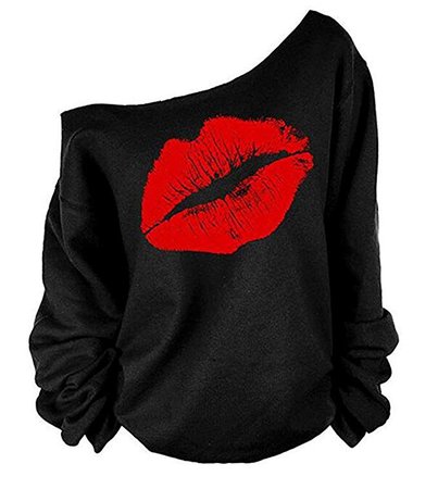 MAGICMK Woman's Sweatershirt Lips Print Causal Blouse Off The Shoulder Long Sleeve Loose Slouchy Pullover Plus Size Tops at Amazon Women’s Clothing store
