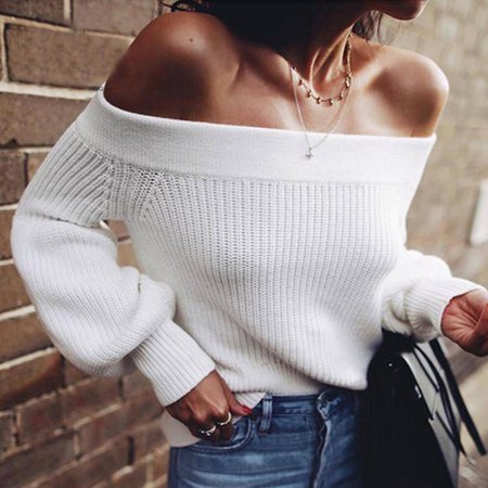 Off Shoulder Sweater Lantern Sleeve White Sweater – ASHORE SHOP