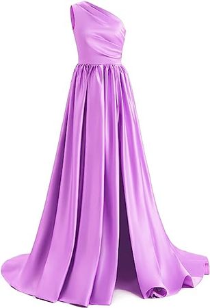 Rmaytiked One Shoulder Pleated Prom Dresses Long Slit Satin Formal Evening Dress Wedding Party Gowns for Women with Pockets at Amazon Women’s Clothing store