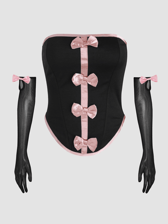 black and pink corset with bows and gloves