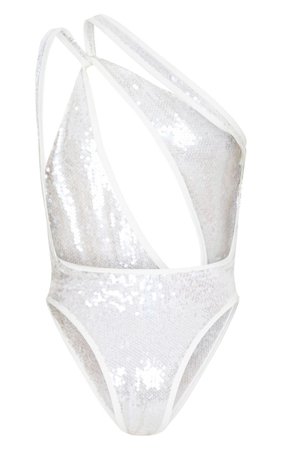 White Sequin Contrast Binding Plunge Swimsuit | PrettyLittleThing USA