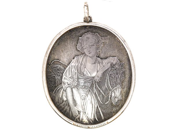 Victorian Silver Oval Pendant engraved With La Laitiere (The Milkmaid) after Greuze - The Antique Jewellery Company