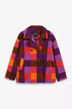 Purple and orange check pattern faux fleece coat - Purple & orange - Monki GB