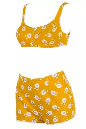 ﻿1960s Mustard Yellow Floral Two Piece Swimsuit or Playsuit – Modig