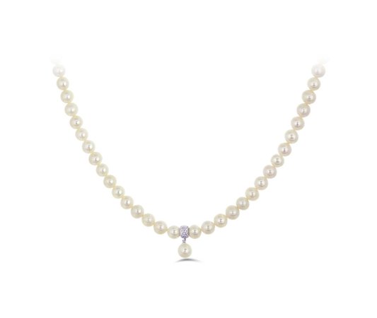 Sterling Silver 8-8.5mm White Pearl Cubic Zirconia Choker with Extender | Charm Diamond Centres