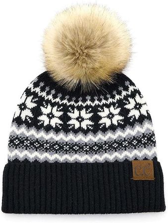 ScarvesMe Women's Winter Thick Soft Nordic Fair Isle Pom Beanie Hat Black at Amazon Women’s Clothing store