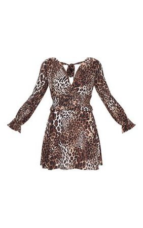 Beige Leopard Print Bow Shirred Waist Shift Dress | PrettyLittleThing