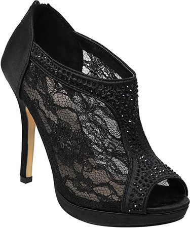 Amazon.com | Lace Bridal High Heel Platform Peep Toe Shootie - Satin Lace Open Toe Cover Dress Pump - Lace High Heel Shootie with Flatback Crystals