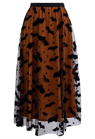 Velvet Bats Mesh Tulle Midi Skirt in Pumpkin - Retro, Indie and Unique Fashion