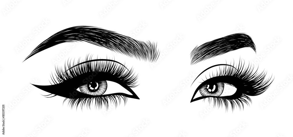Vecteur Stock Hand-drawn woman's sexy luxurious eye with perfectly shaped eyebrows and full lashes. Idea for business visit card, typography vector.Perfect salon look. | Adobe Stock