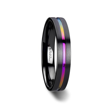 AZURE Flat Black Ceramic Ring Brushed with Rainbow Groove - 4mm
