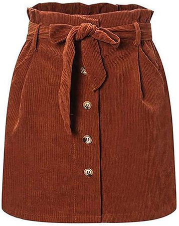 Meladyan Women’s Button Front Corduroy Skirts High Waist Belted Paperbag A-Line Mini Skirt with Pockets Khaki at Amazon Women’s Clothing store
