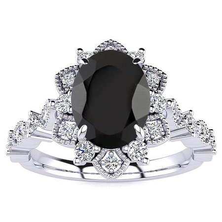 2.00ct Oval Black Diamond Engagement Ring Vintage Diamond Floral Ring 14K Gold