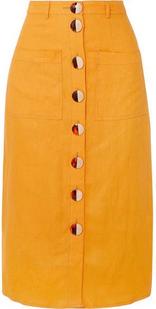 Button-embellished Linen Midi Skirt - Orange