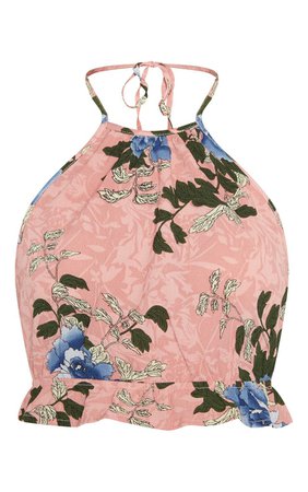 Pink Floral Printed Halter Neck Crop Top | PrettyLittleThing