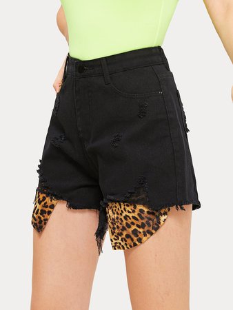 Contrast Leopard Print Ripped Denim Shorts | SHEIN