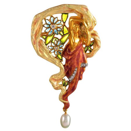 Masriera Diamond Pearl and Enamel Gold Nymph Motif Pin Pendant For Sale at 1stdibs