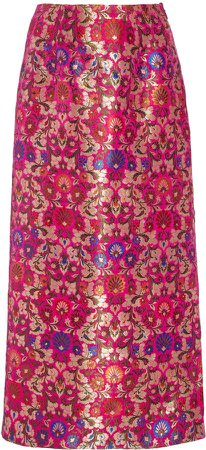 Side-Slit Floral Brocade Pencil Skirt