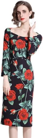 The New Skinny-Looking Hip one Step Skirt Slim Sexy Rose Print MIDI Dress Bottom Dress at Amazon Women’s Clothing store