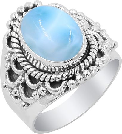 Amazon.com: Larimar Ring-Solid Sterling Silver Ring-Solitaire Boho Ring-10x14 mm Oval Dominican Larimar Cabochon Gemstones Statement Ring For Women (8.5): Clothing, Shoes & Jewelry