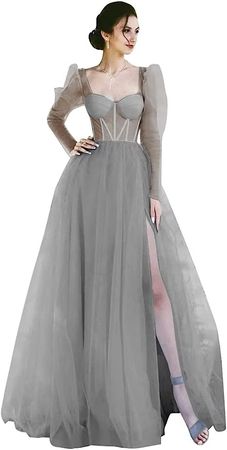 Long Sleeve Tulle Prom Dresses Long Ball Gown Sweetheart 2023 A Line Wedding Evening Party Gowns with Slit at Amazon Women’s Clothing store