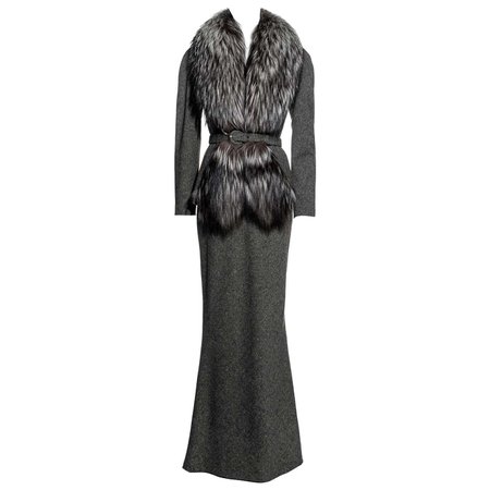 Christian Dior by John Galliano grey tweed maxi skirt suit with fox fur, fw 1998