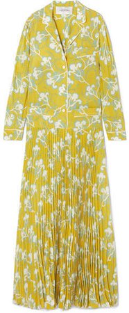 Pleated Printed Silk Crepe De Chine Maxi Dress - Yellow