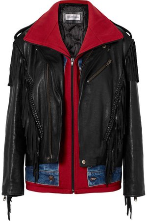 Balenciaga | Layered fringed leather, denim and jersey biker jacket | NET-A-PORTER.COM