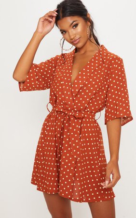 Terracotta Polka Dot Tea Mini Dress | Dresses | PrettyLittleThing USA