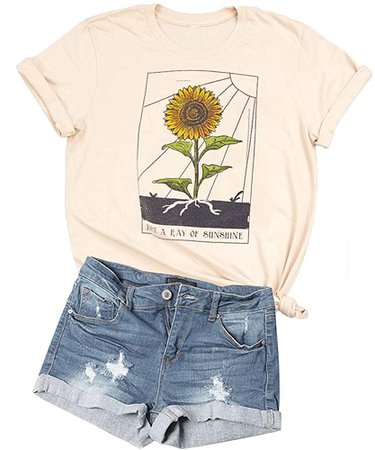 Womens Sunflower Just Ray of The Sunshine T-Shirt Women Summer Tee Teen Girls Casual Tops (L, Cream) at Amazon Women’s Clothing store