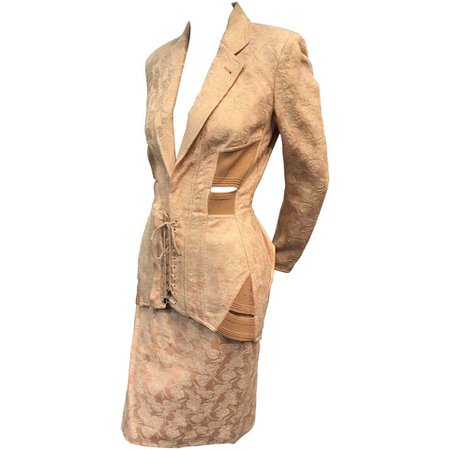 1980s Iconic Jean Paul Gaultier Peach Jacquard Corset-Inspired Skirt Suit For Sale at 1stdibs
