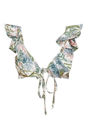 Pale Khaki Leafy Tie Front Bikini Top | PrettyLittleThing