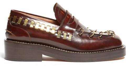 Ring Embellished Square Toe Leather Loafers - Womens - Dark Brown