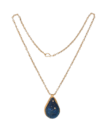 Byzantine 5th to 8th centuries CE, teardrop pendant of blue glass in a gold bezel. The gold chain is likely modern. Source: Timeline Auctions.