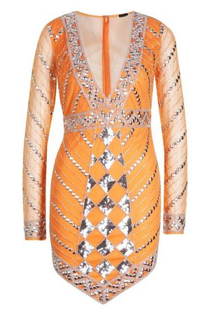 Premium Hand Embellished V Hem Dress | Boohoo orange