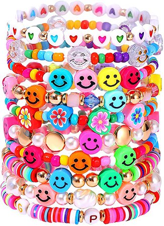 Amazon.com: HZEYN Beaded Bracelet Set Stack Colorful Cute Happy Face Charm Pearl Heishi Beaded Stretchy Bracelet Summer Beach Bracelet Jewelry 10 Pack: Clothing, Shoes & Jewelry