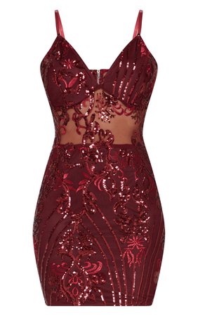Burgundy Strappy Sheer Panel Sequin Bodycon Dress | PrettyLittleThing