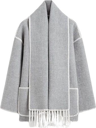 Amazon.com: WEQULE Women's Scarf Jacket Embroidered Oversized Crewneck Button Down Wool Blend Coat with Pockets(0106-Grey-S) : Clothing, Shoes & Jewelry
