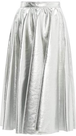 Metallic Faux Leather Flared Midi Skirt - Womens - Silver