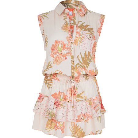 Pink tropical print mini beach shirt dress | River Island