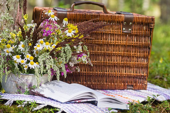 Royalty free photo: brown woven picnic basket beside book, flowers, forest, bouquet, garden, paper, decorative | Nicepik