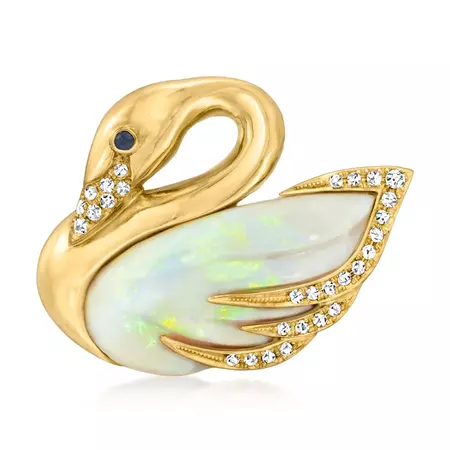 C. 1980 Vintage Opal, .43 ct. t.w. Diamond and Sapphire Accent Swan Pin in 18kt Yellow Gold