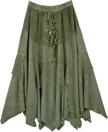 Olive Drab Renaissance Chic Skirt | Green | Stonewash, Misses, Handkerchief, Solid, Western, Renaissance,Western-Skirts