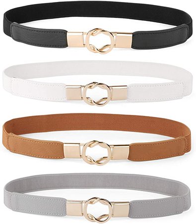 Women Skinny Belt for Dresses Retro Stretch Ladies Waist Belt Plus Size Set of 4(Fits Waist 25-31 Inches, Black+Brown+White+Gray) at Amazon Women’s Clothing store