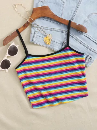 Rib-knit Rainbow Striped Ringer Cami Top | SHEIN USA