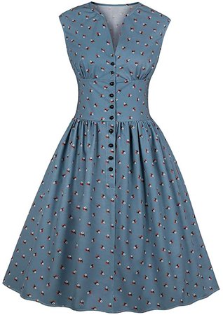 Wellwits Women's Split Neck Floral Button 1940s Day Vintage Tea Dress Blue M: Amazon.ca: Clothing & Accessories