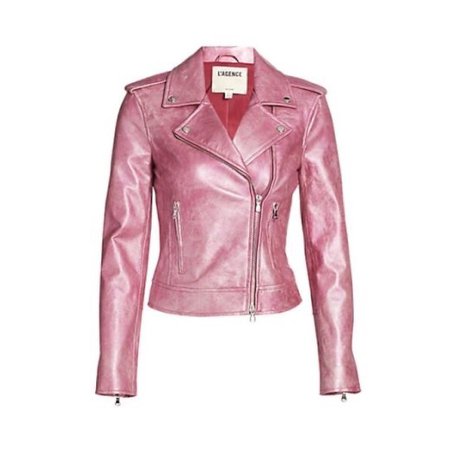metallic pink faux leather motorcycle jacket