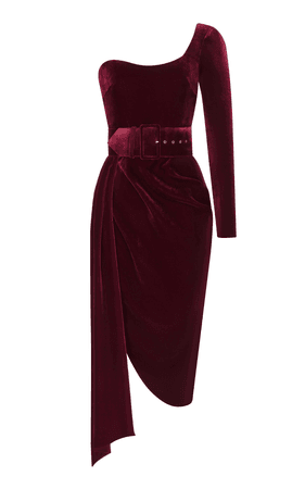 Rasario Single-Sleeve Draped Velvet Midi Dress In Red | ModeSens